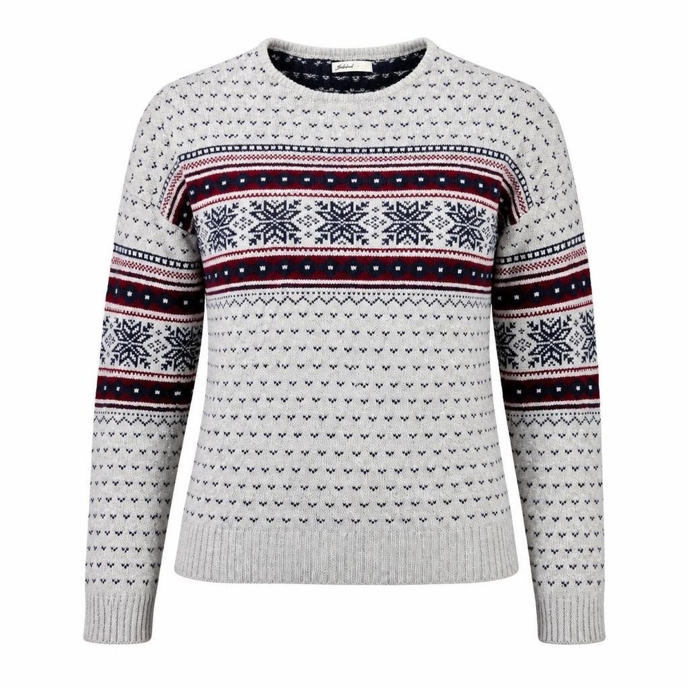 Fair Isle Sweater M Grey Navy Blue Red Snowflake Crewneck Winter Knit Apres Ski